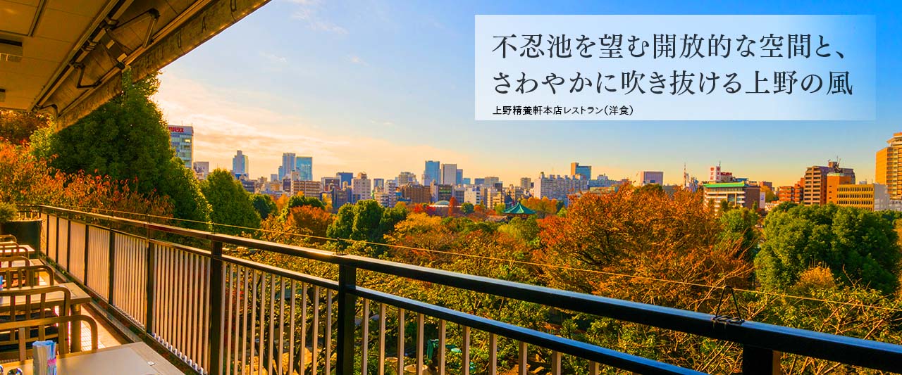不忍池を望む開放的な空間と、さわやかに吹き抜ける上野の風　上野本店レストラン（洋食）